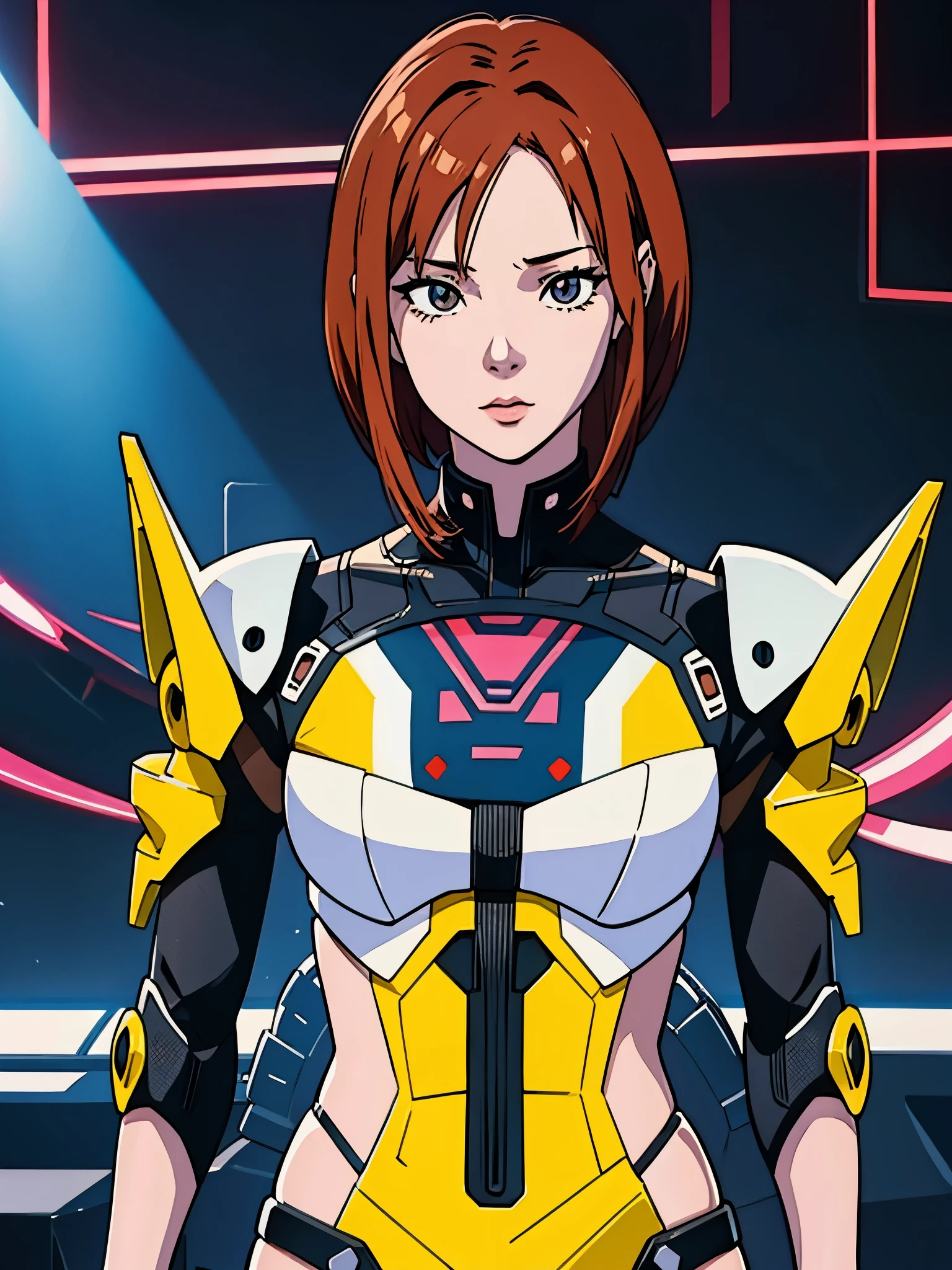 digital art drawing, illustration of (Winter from k-pop group aespa, short red hair with bangs, brown eyes, flat chest, cyborg girl, android, droid, mecha, mechanical fusion, exoskeleton, metal robotic arms, artificial skin, evil look, wires and cables connecting to the head, neon details, cyberpunk 2077), anime drawing/art, bold linework, illustration, digital art, masterpiece, flat illustration, no shadows, 8k resolution, high detail, vector art, only anime, perfect eyes, perfect hands, perfect fingers, sharpness, high clarity, medium shot, high fidelity
