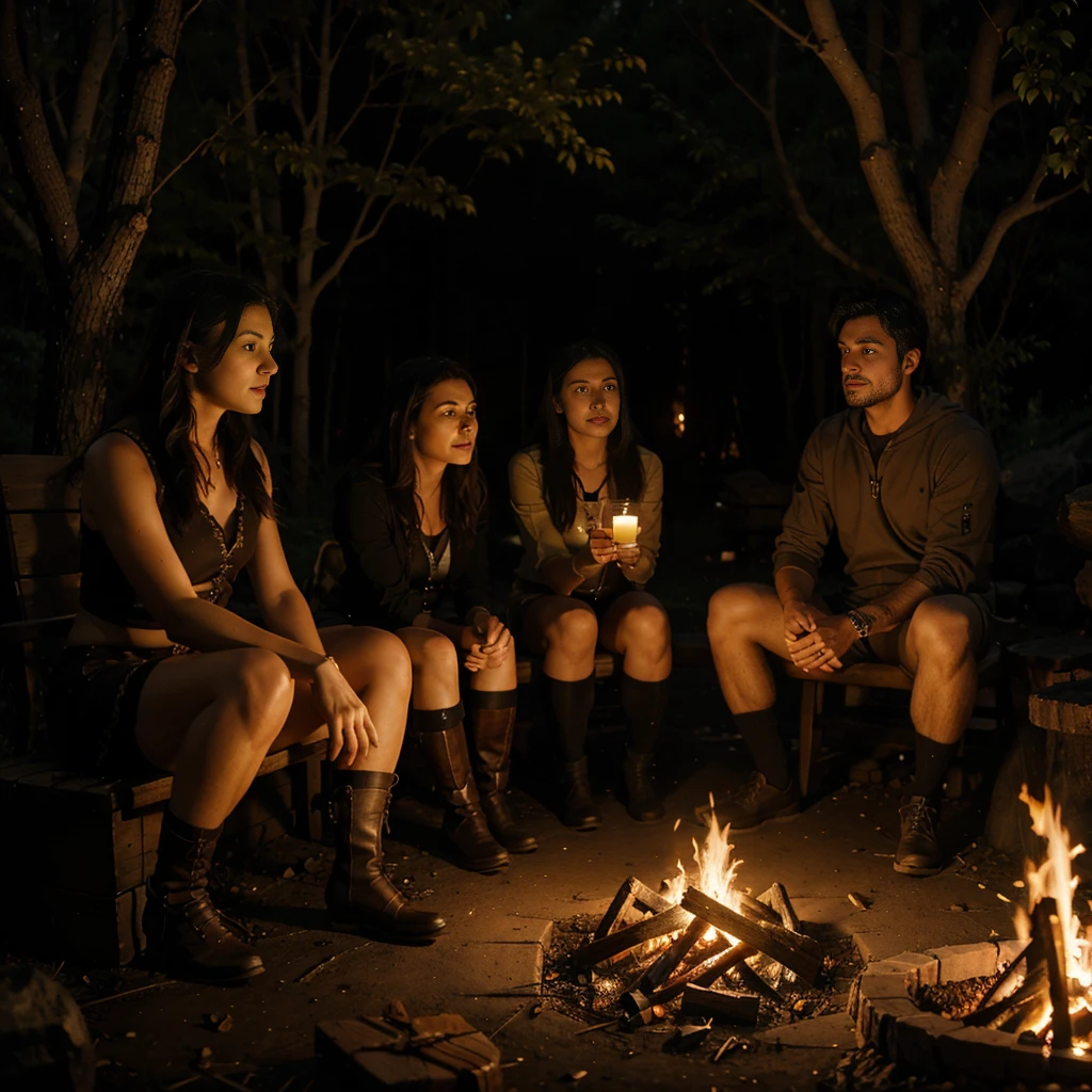 A group of fantasy adventurers sit close to a camp fire, drinking mead and telling tall tales, in a haunted woods, gleaming eyes watch them hungrily from the darkness