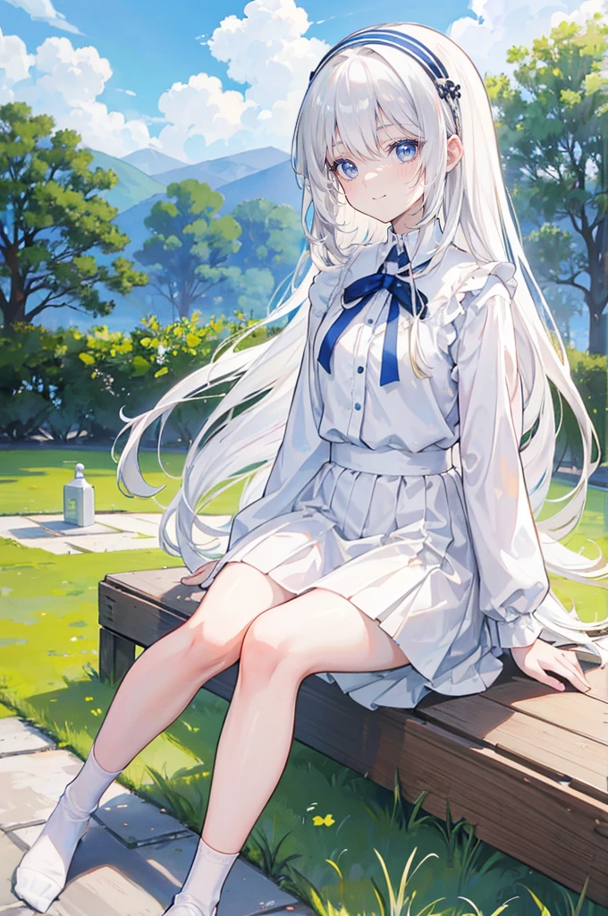 White hair，Long hair，Bangs，Bangs整齐，Hairband，Gray eyes，girl，cute，laughing expression，Happy and happy expression，White shirt，skirt，White socks on feet，Sit on the ground and have a picnic，whole body，Don't show your arms，The background is a lawn，Blue sky and white clouds
