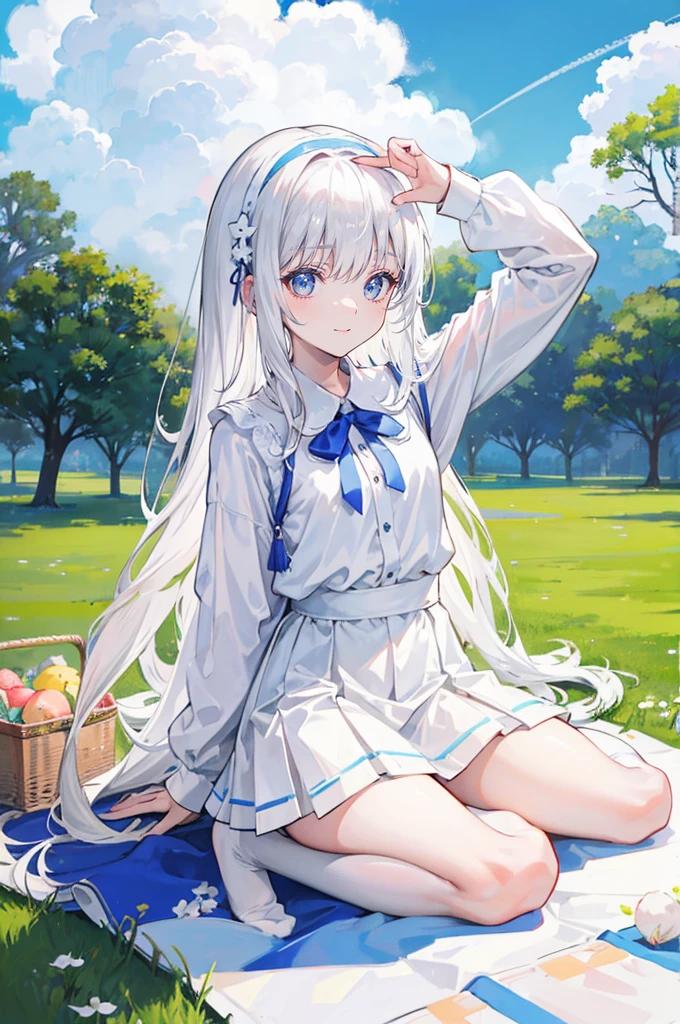 White hair，Long hair，Bangs，Bangs整齐，Hairband，Gray eyes，girl，cute，laughing expression，Happy and happy expression，White shirt，skirt，White socks on feet，Sit on the ground and have a picnic，whole body，Don't show your arms，The background is a lawn，Blue sky and white clouds
