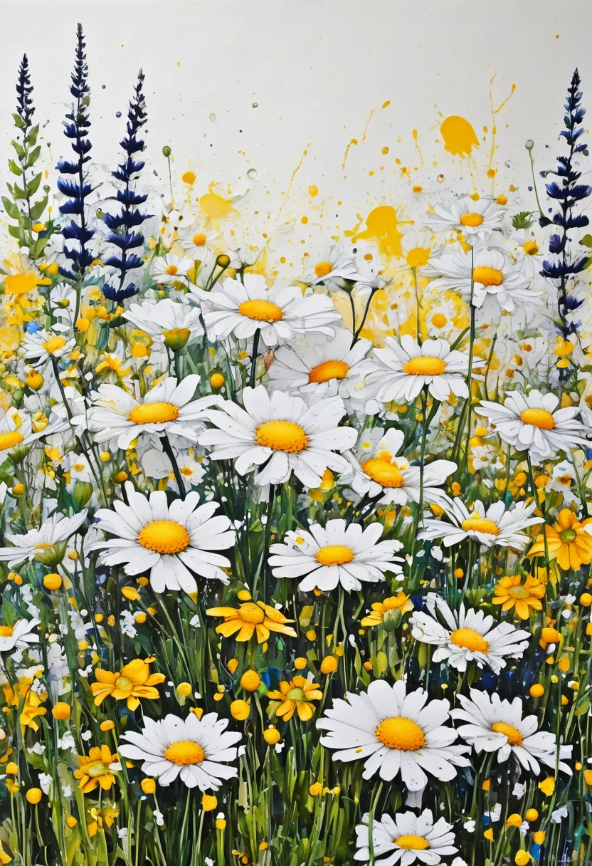 arte conceitual no estilo de arte abstrata com um campo de flores de margaridas altamente detalhada com marcas de tinta