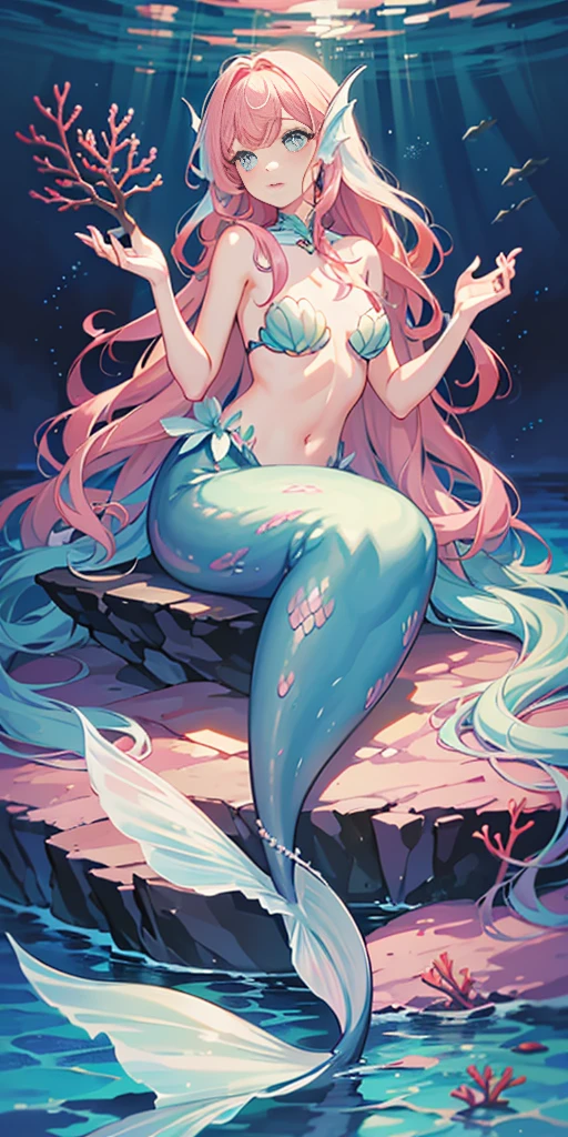 Illuminated by the mysterious light of the deep sea. A light blue mermaid with bright pink hair and sparkling eyes. An undersea kingdom full of colorful corals and seaweeds. The mermaid's hair is long and waves naturally as it is swayed by the ocean currents. The tail fin shines like a jewel with a bright pink gradation. Swim gracefully in the sea and see all sorts of things around you. Small fish of different colors dance. A fantastic underwater castle is faintly visible in the background. The mermaid''s expression is calm, and her beautiful light blue eyes express a dream-like admiration as she gazes at a distant scene.