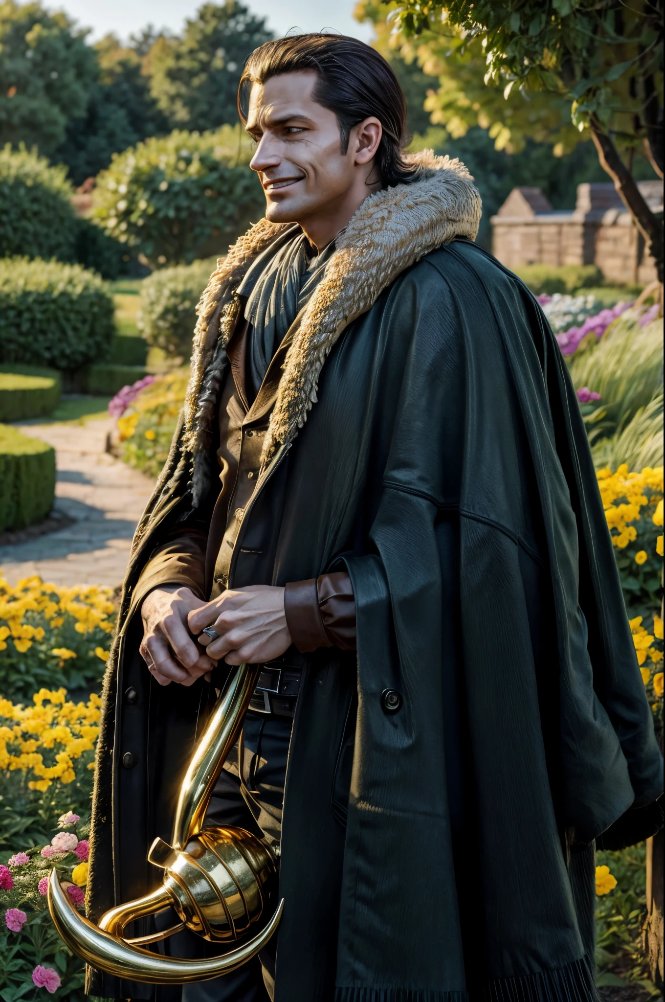 masterpiece, best quality, extremely detailed, hyperrealistic, photorealistic, a cool 40s man, ultra detailed face:1.2, fur-trimmed coat, scarf around the neck, his left hand is a golden pirate hook:1.1, distant view shot, garden:1.3, lots of flower:1.2, dynamic pose, sly smile, relaxed