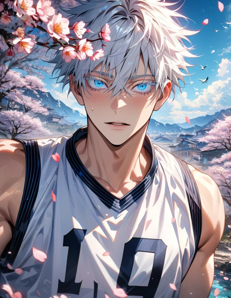 absurdres, highres, ultra detailed, HDR, masterpiece, extremely detailed face and eyes, Gojo Satoru, white hair with bangs, hair between the eyes, expressive blue eyes, white eyelashes, Jujutsu Kaisen, solo, sexy man, handsome, basketball uniform, spring, blossoms, petals, birds