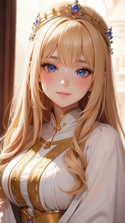 (masterpiece, highest quality, 4K), Portraiture, Beautiful Princess, Adult female, Medieval, Long blonde hair, Bangs between the eyes, Royal dress, Cute Smile, blush