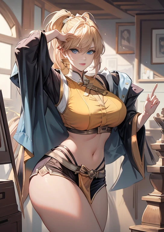 best quality, realism, real, photo: 1.4), Ji Xiaoman, Blond, blue eyes, big breasts, thick legs, thick thights, sexy pose, real, photo"
