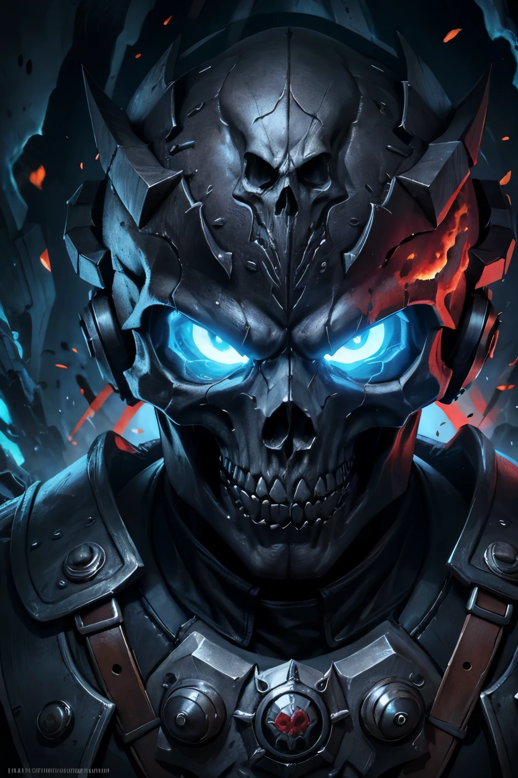 Ice and fire skull with a shield and two swords, of spiked gears of war skulls, skull design for a rock band, heavy metal tshirt design, style of hydro74, heavy metal art style, skull paint, helghast, heavy metal artwork, skull image on the vest, hq artwork, gears of death, detailed digital artwork, fantasy skull