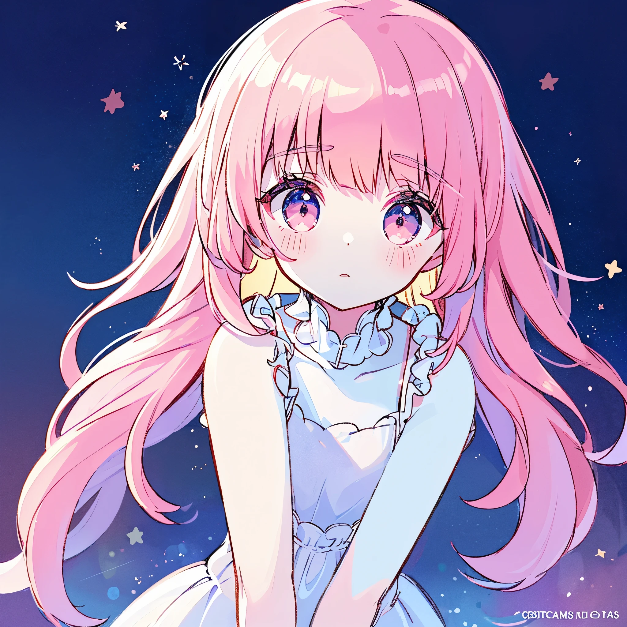 complex background, wishing star background, a woman wearing an ethereal mystical pink translucent dress that reflects the stars, perfume promo art, mystic, complex drawing, highly detailed, Covergirl brand, promo art, artistic rendition, ethereal, starry night, midjourney style