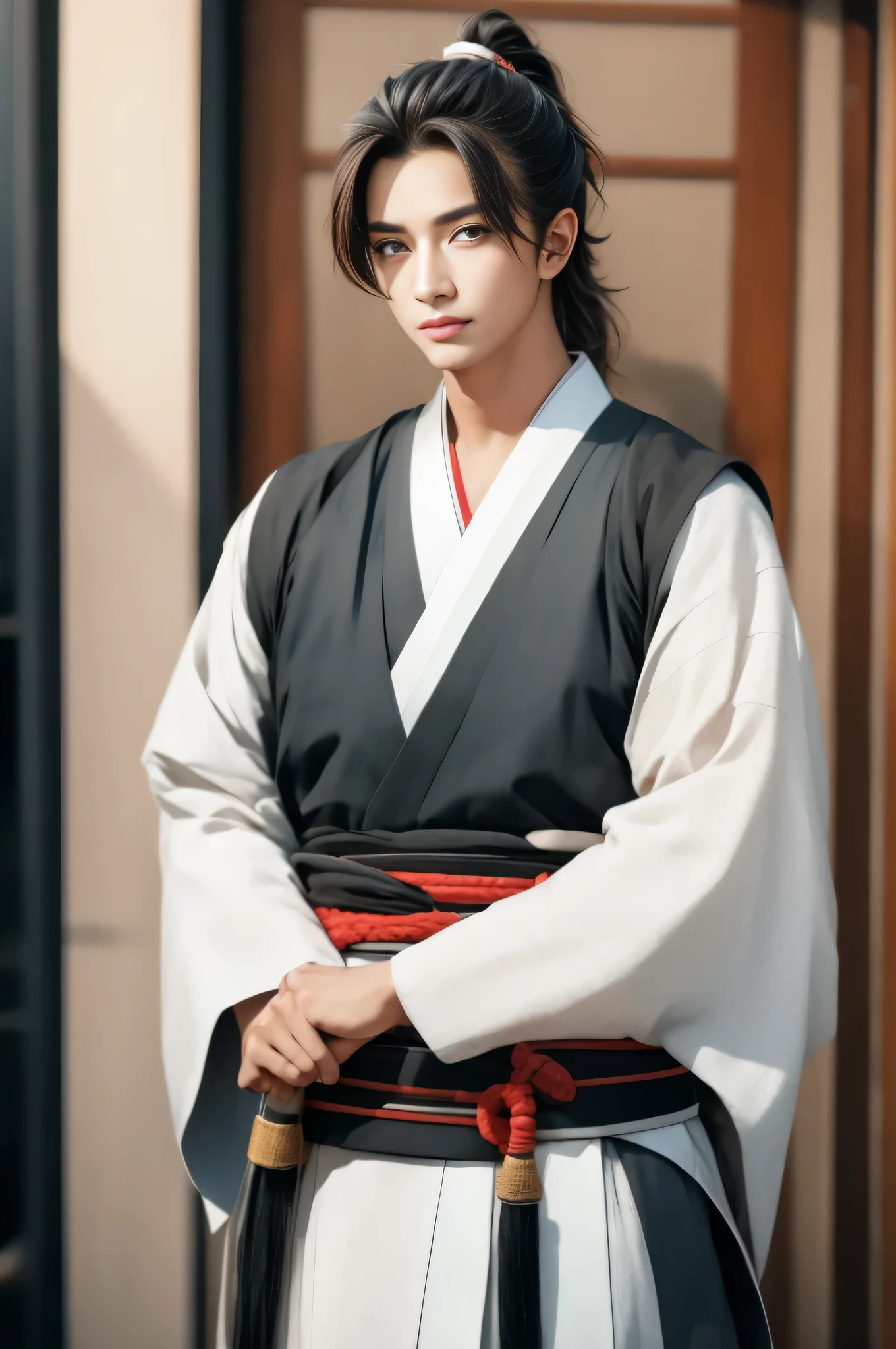 one person、solo、Facing the viewer head-on、Whole body shot、indoor、tatami、dojo、Woman dressed as a man、Good looking woman、Butch、long hair、Black Hair、Black hair、Hair tied together、ponytail、Iris、Thin lips、Neutral face、20-year-old、Wearing a white haori and hakama、Kimono、sword on waist、Arms crossed、4k、（Masterpiece）、（（Detailed））