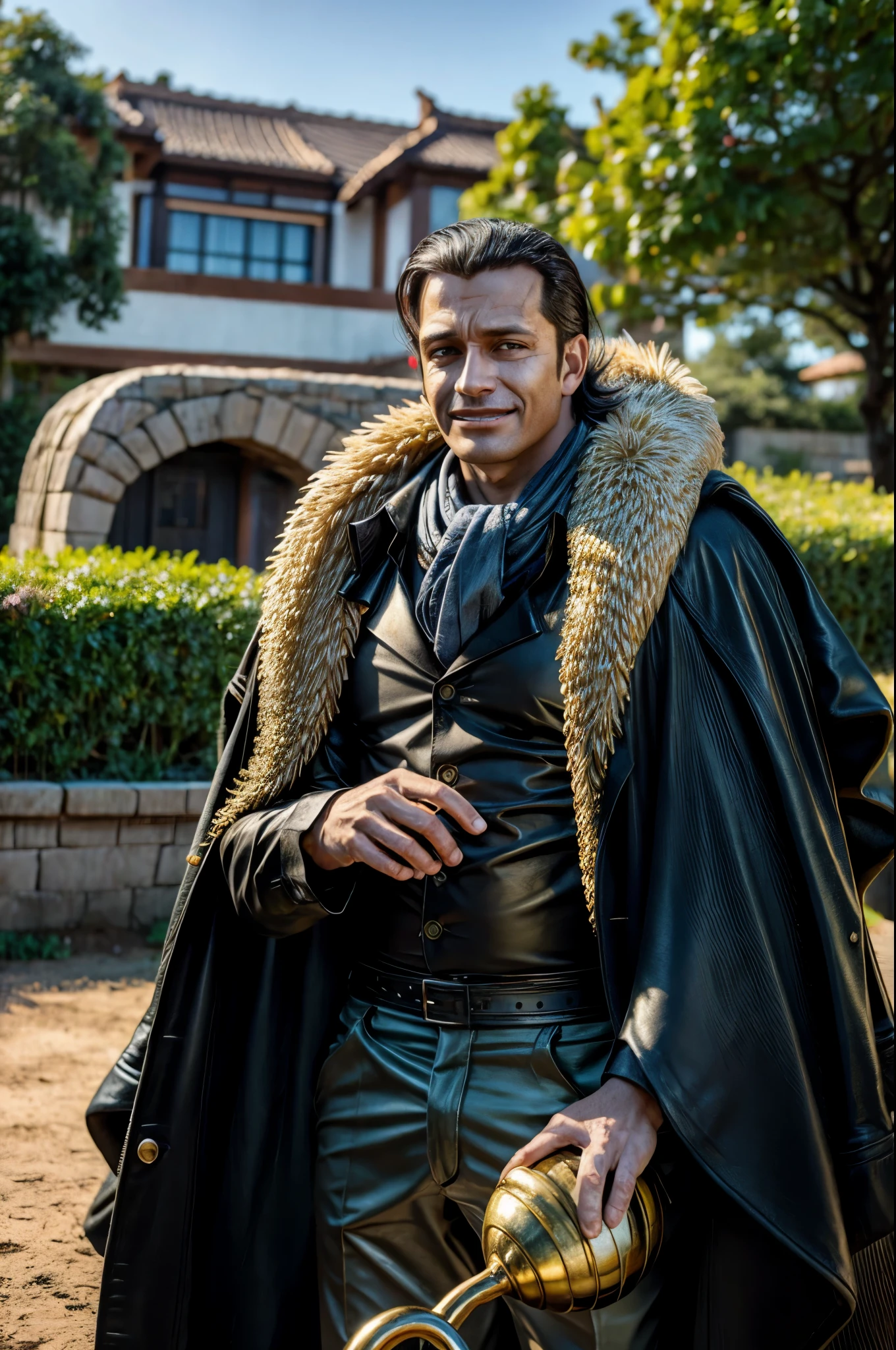 masterpiece, best quality, extremely detailed, hyperrealistic, photorealistic, a cool 40s man, ultra detailed face:1.2, fur-trimmed coat, scarf around the neck, his left hand is a golden pirate hook:1.1, distant view shot, garden:1.3, lots of flower:1.2, dynamic pose, sly smile, relaxed