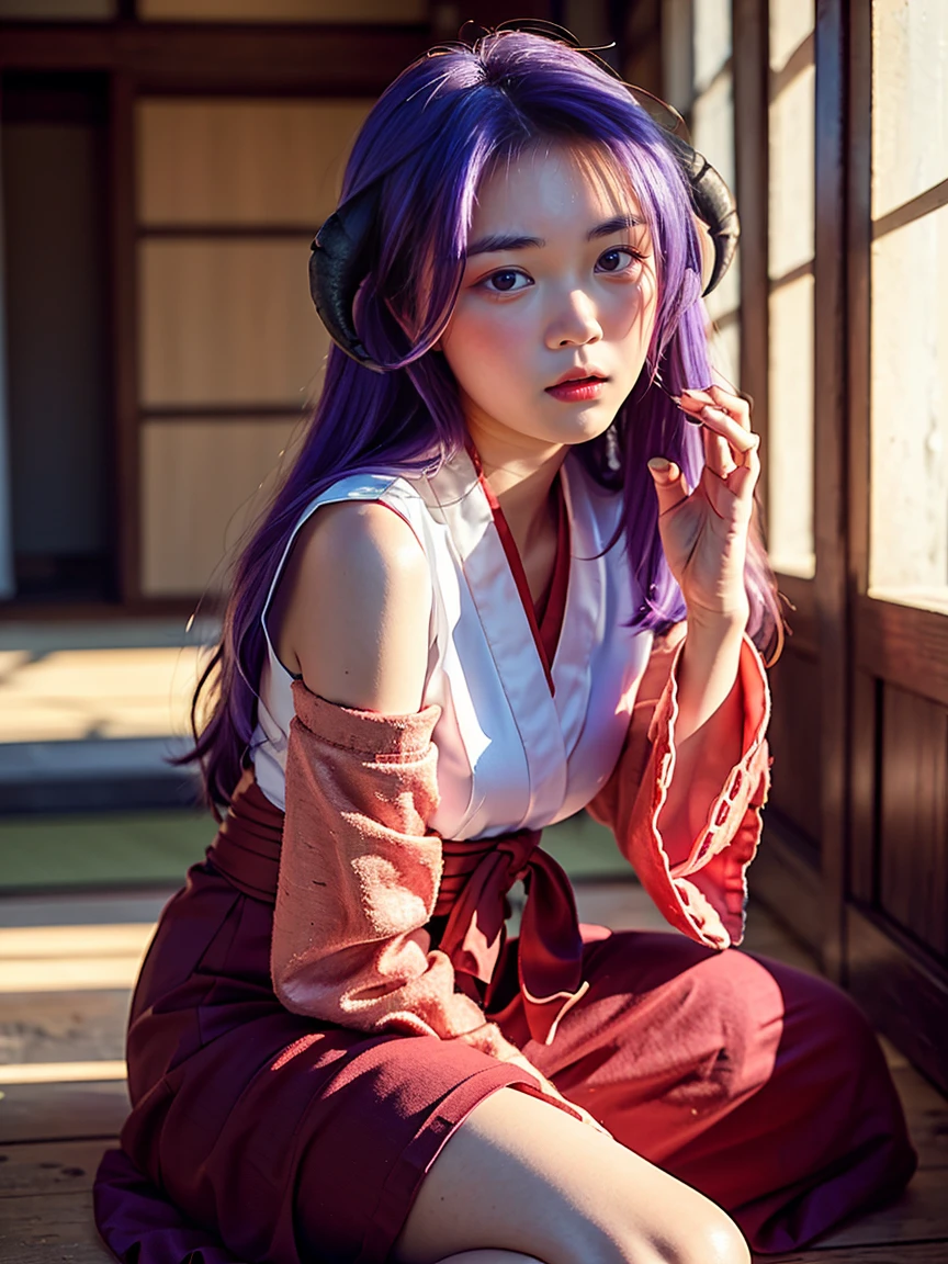 (1 girl), (Best quality at best:1.4), (ultra - detailed), (extremely detailed CG unified 16k), A Beautiful Girl: 1.4, Sharp Focus: 1.2, very detailed, High-definition RAW color photo, professional photoshooting, amazing face and eyes, (amazingly beautiful girl), ((Hanyuu,  girl)), ((japanese clothes, miko, detached sleeves, hakama, hakama skirt, skirt, red hakama, ribbon-trimmed sleeves)), standing, (Dark and stylish inside temple), (look from down), realistic cinematic face, head to feet long wide zoomed out view, full body long view, photorealistic, ((realistic natural purple hair style, horns, long hair, purple eyes, blush)), extremely beautiful face, perfect beauty, pout mouth, Highly Detailed Face and Skin Texture, Detailed Eyes, Double Eyelids, Small Breasts, cleavages, western, (masterpiece), best quality, high resolution, extremely detailed, blurred background, depth of field, cinematic lighting, amazing legs, high heels, clear and well-cared skin, drinking red wine