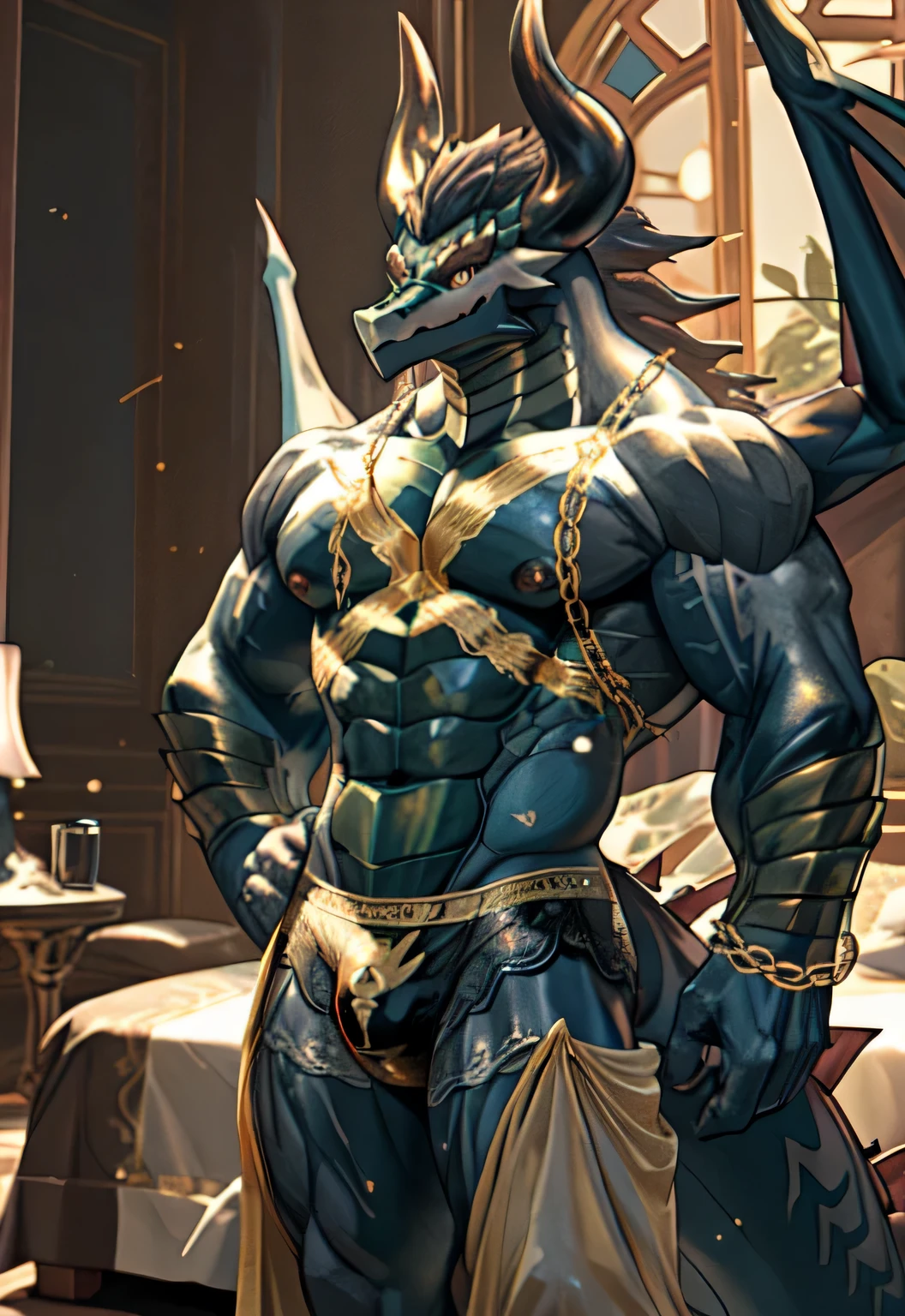 Anthropomorphic male dragon, His body is decorated with luxurious lace underwear, Highlight his muscular body and sharp claws. Wrap his body tightly, Showing the outline of the chest, abdomen, and weapons. His wings, Stretch and Elegance, Delicate lace pattern glitters in the light、dance to tune. dragon'Tail, Long-lasting and powerful, In sharp contrast to the gorgeous clothing. He has a gold nipple ring,Connected with a delicate chain, Drawing attention to his protruding chest,Emphasizes his charming masculinity. dragon'Eyes are attractive, Full of confidence and, Highlight underwear and decorative embellishments. The background of this photo is a luxurious bedroom, Equipped with luxurious furniture and soft, Create an atmosphere of indulgence and sensuality.
