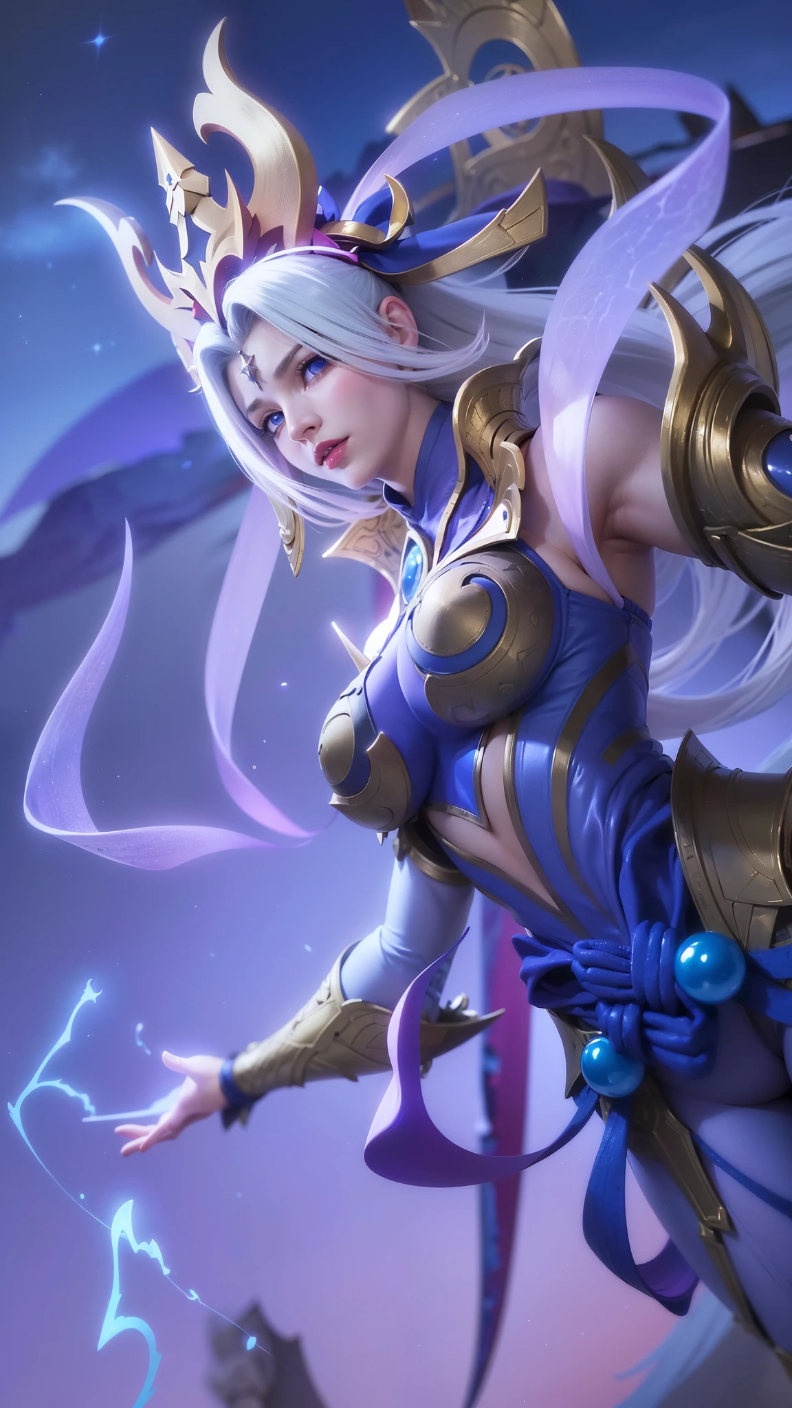 (female:1.2), 8k, ultra hd, ultra detailed texture, hyper realistic, masterpiece, detailed texture, detailed face, detailed skin, detailed lighting, (photorealistic:1.5), best quality, beautiful lighting, cinematic lighting, professional lighting, ultra highres, realistic, detailed hair, real hair, high quality, (realskin:1.5), extremely detailed, finely detail, ultra-detailed, 1girl, solo, elf, pointy ears, standing, demon horns, forehead protector, (blue eyes:1.5), v-shapped eyebrow, lips, red lips, evil smile, nose, make up, pretty, beautiful, cute face, long hair, blue hair, high ponytail, large breasts, cleavage, armpit, navel, stomach, black armor, pauldrons, bare shoulders, shoulder armor, thigh high, sleevless, detached sleeves, breastplate, gauntlets, karina \(mobile legends\), depth of field, looking aways, white skin, skin tight, amazing pose, outdoors, glowing, dark view.