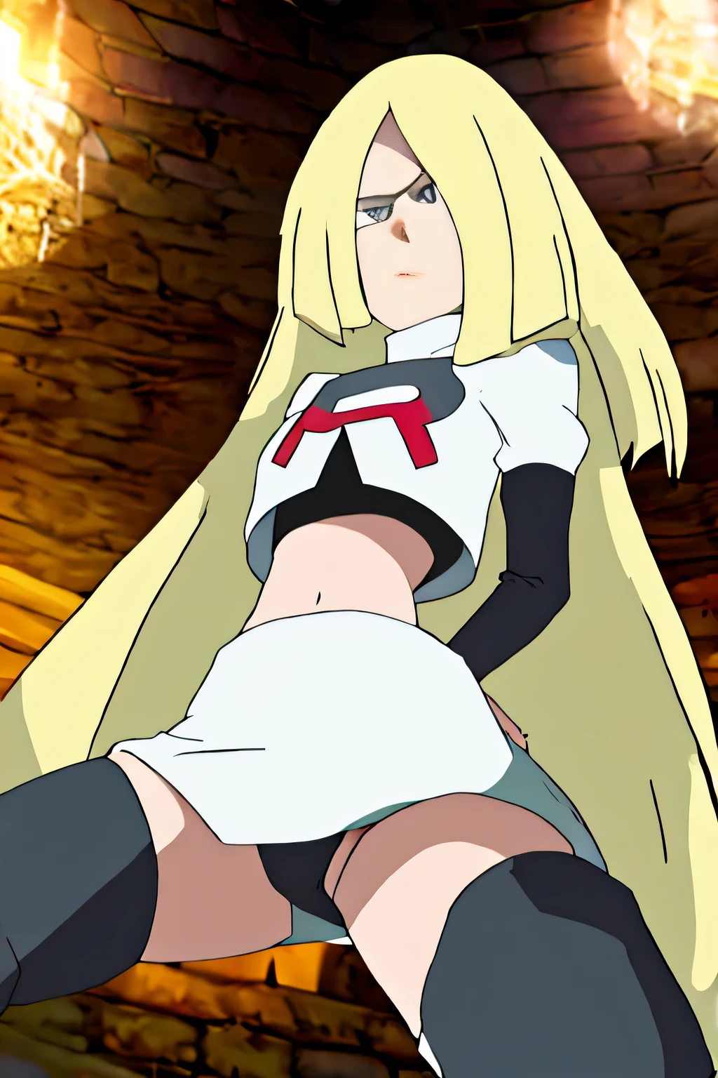 masterpiece,best quality,high res,high quality,pokemoncynthia, blonde hair, hair ornament, hair over one eye, long hair,8k, masterpiece,highres, team rocket uniform, red letter r, white skirt,white crop top,black thigh-high boots, black elbow gloves, glaring angrily, looking down at viewer, hands on hips, cowboy shot, zettai ryouiki,spread legs,from below, black panties,anime style, vivid colors, sharp focus, intense lighting,