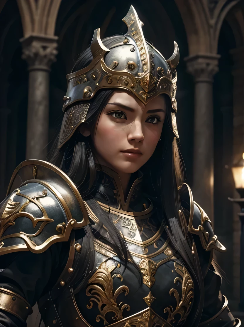 ((masterpiece、highest quality、Genuine、Very detailed、High resolution、Sharp focus、Photorealistic、Cinematic lighting))、Baroque、((One female、Black long hair、Bust Shot))、Roman medieval armor、worn armor、Full-face helmet、Warriors、storm、Thunder and rain、Dynamic Action、Combat Stance、Detailed hand drawing、medieval armor