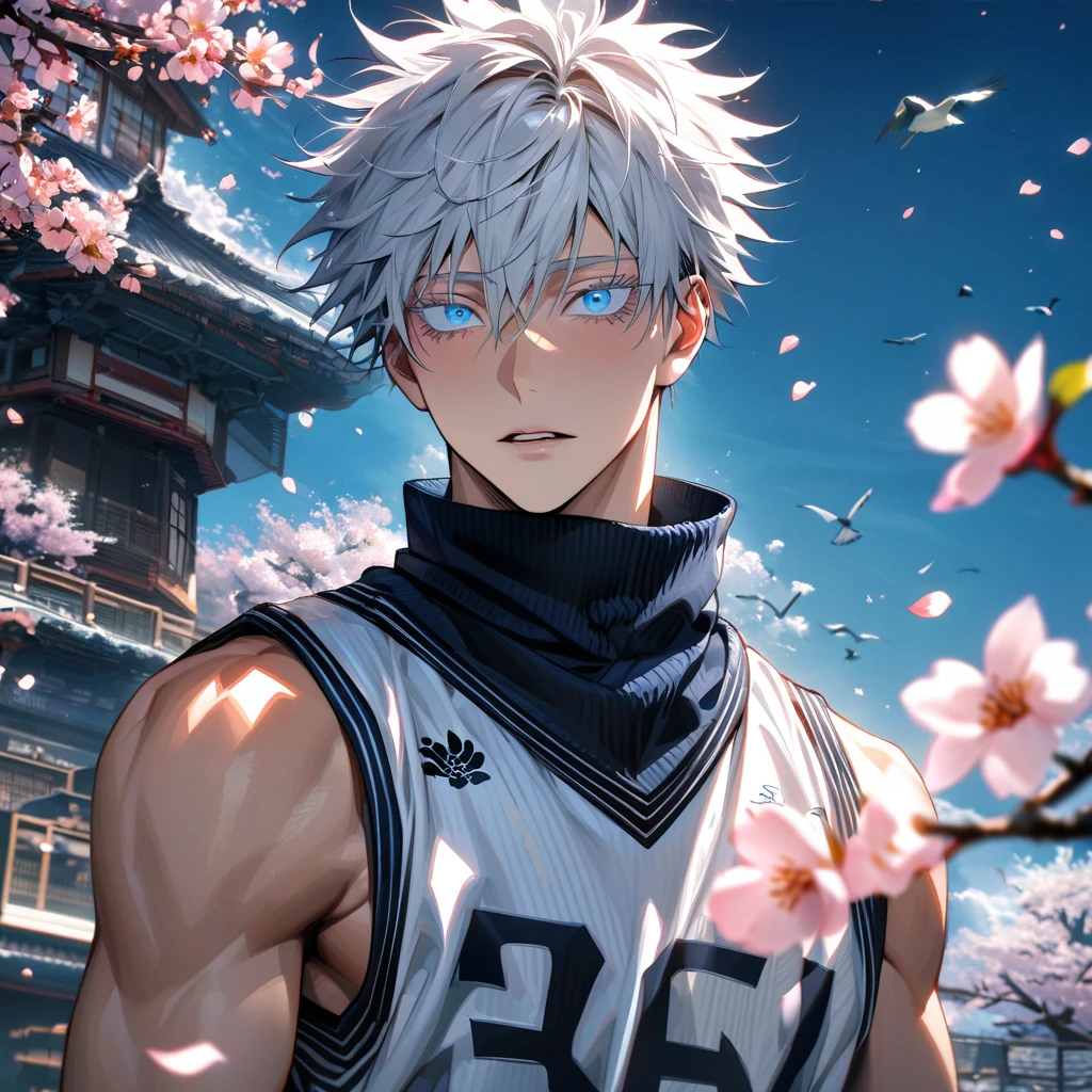 absurdres, highres, ultra detailed, HDR, masterpiece, extremely detailed face and eyes, Gojo Satoru, white hair with bangs, hair between the eyes, expressive blue eyes, white eyelashes, Jujutsu Kaisen, solo, sexy man, handsome, basketball uniform, spring, blossoms, petals, birds