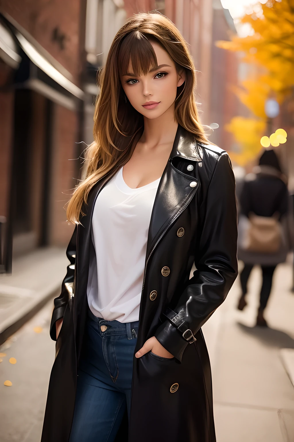 An ultra hot gorgeous European russian woman, age 28, blonde brown hair, fringe bangs. she's a playmate, men magazine model. She has a subtle smile, without showing teeth, flirts with the camera.
In a business district, during autumn. 
Sensual pose.
She is wearing a black trench coat, white shirt, blue jeans, hands in her pocket. 

Perfect anatomy, perfect hair, perfect breast, perfect body, perfect hands, perfect face, UHD, retina, masterpiece, accurate, anatomically correct, textured skin, super detail, high details, high quality, award winning, best quality, highres, 16k, 8k,