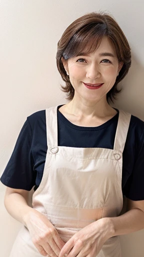つま先から頭までのwhole bodyを写す 正面を向いて立っている45 years oldのJapan人woman 目線を逸らす Looking at the top right Wearing black bottoms semi-longの茶色い髪の毛 whole body Has a slightly plump figure She is cooking in an apron with the kitchen in the background woman 45 years old semi-long、((brown hair)、semi-long beautiful hair shiny hair Japan( sharpen ), (She is wearing a neat apron over a white T-shirt),(背景は典型的なJapan風のキッチンです) (Purelos Face_v1:0.7), (8K, highest quality), unconscious, Open Eyes,High resolution, original, (Flat Color:0.9),(Colorful:1.1),(masterpiece:1,2), highest quality, masterpiece, High resolution, original, Viewer Perspective, alone, Portrait, Mature Woman Body Set, A slight smile,Natural wrinkles, Wrinkles around the eyes, Surreal, Natural Skin, Natural Hair Color, Bright red lips whole body像