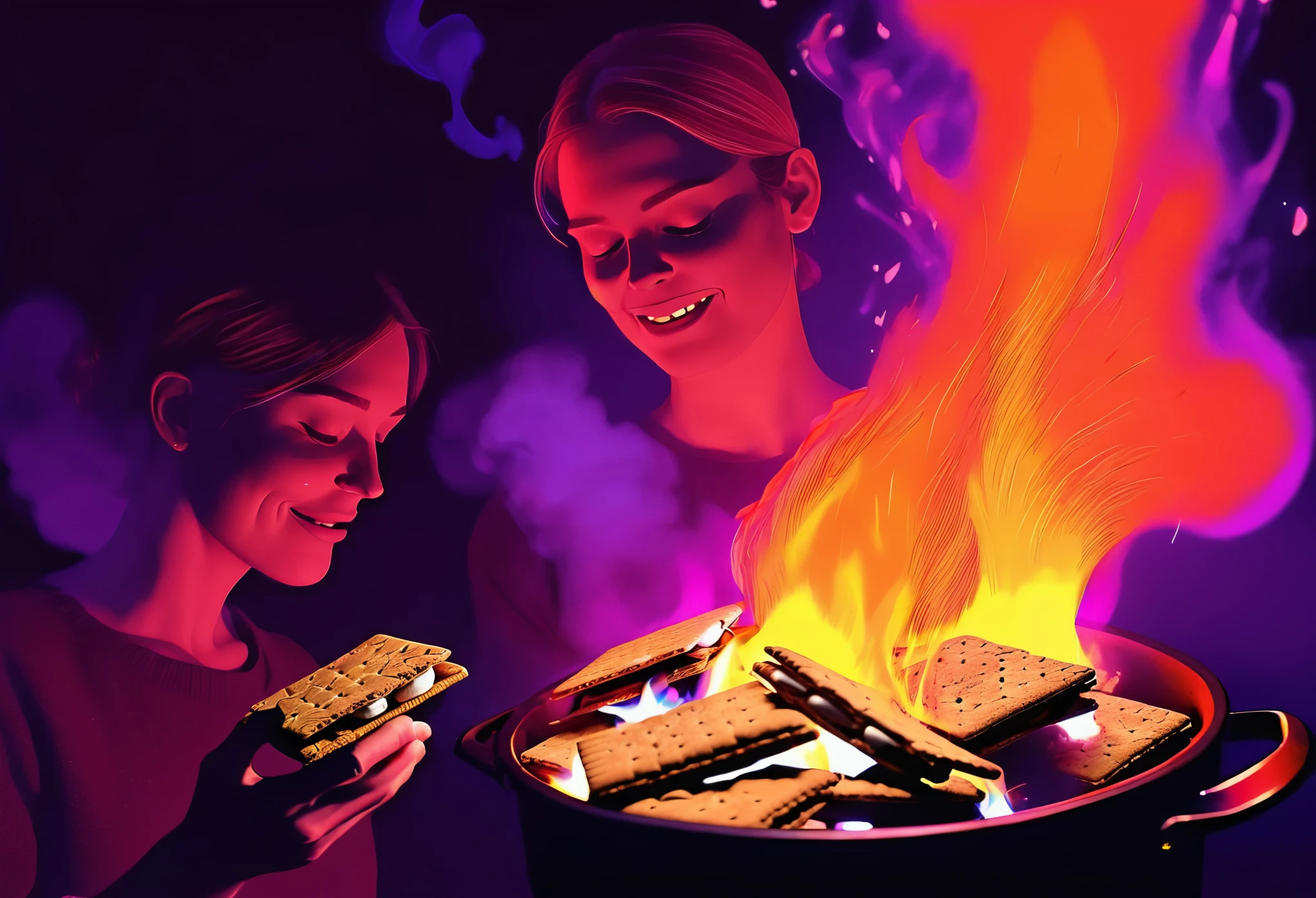 thermal iridescence effect, campfire dance, trio anthropomorphic s'mores, graham crackers, chocolate, and marshmallows, overjoyed and dancing a vile stanky boogie dance, campy film hyperrealism hand drawn rotoscope, dark digital art style subtle american animation influence (sean gordon murphy, joelle jones) minimalism, abstract flourishes, threatening aura, too cool, wearing intense ultra violet technicolor roygbiv light across face, breathing fire, enjoy overjoyed raging engulfed flames, rich color grading. candid pencil ink comic splash page, expressive hand drawn, prano bailey-bond lighting, unsettling. surreal, trippy, overwhelming, profound