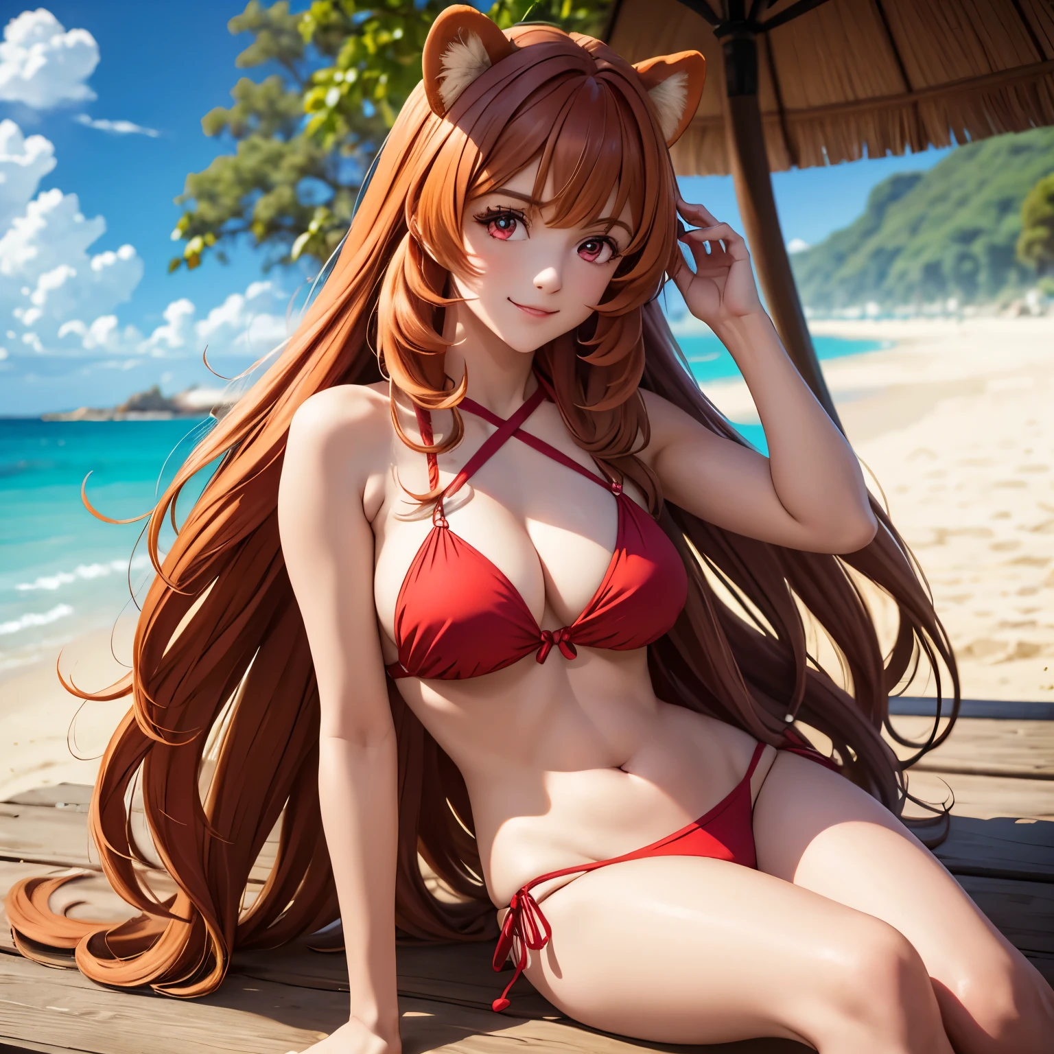 raphtalia. beautiful woman 22 years old bright detailed clear skin, detailed ruby red eyes . cabello naranja. orejas de oso, bikini rojo pechos grandes,  pechos enormes, cuerpo mojado, sonrisa alegre,  enfoque en sus pechos fondo playa. soleada. bikini rojo . gotas de agua en su cuerpo, orejas de animal redondeadas. . ojos rojos pechos grandes. pechos grande imagen cuerpo completo sonrisa alegre, pechos muy grandes.