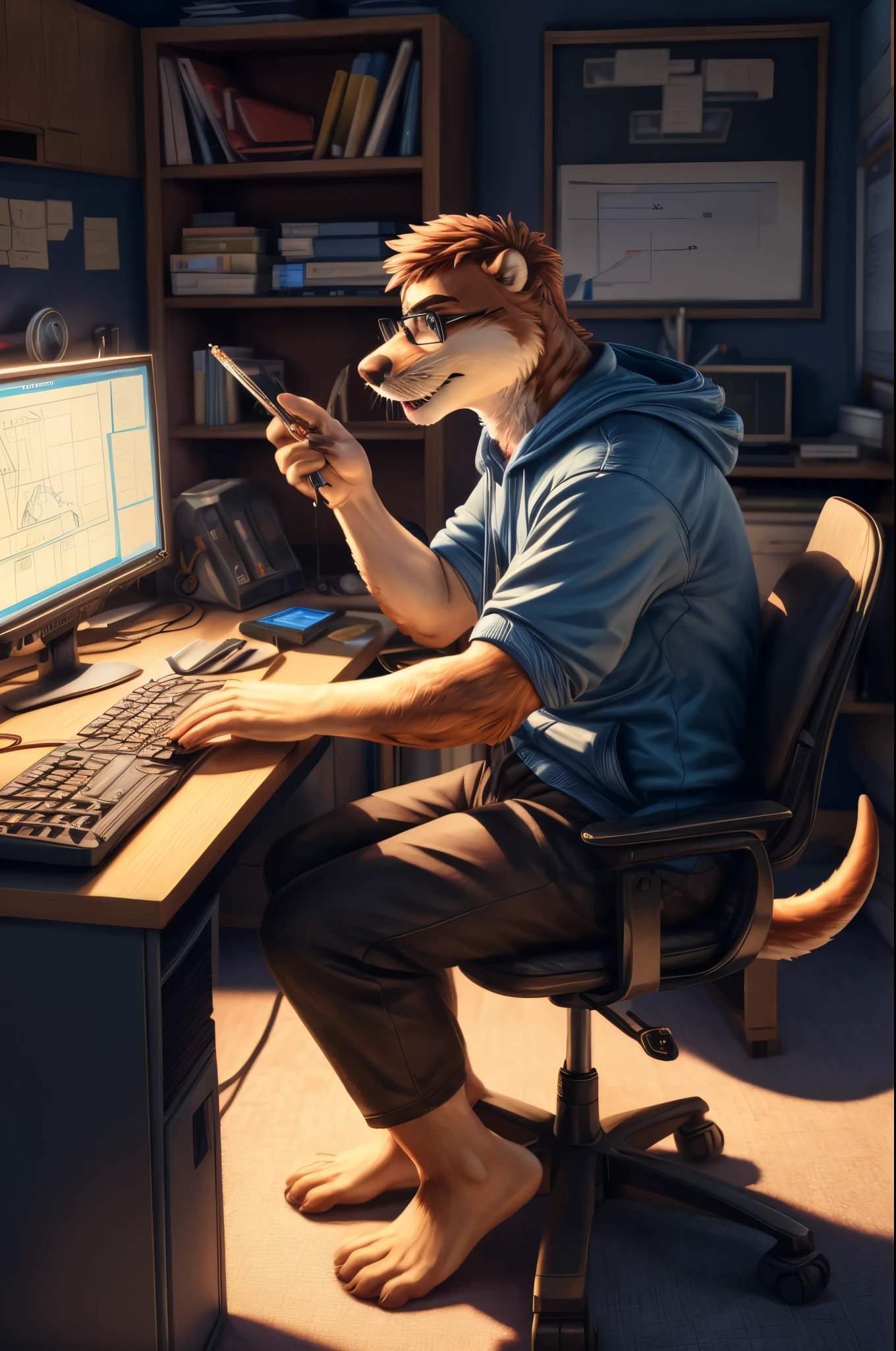 (((Barefoot furry character, full body, cinematic setting, furry male, plantigrade))) 

computer class scene with a tech-savvy otter ((teacher)) wearing a hoodie and glasses, sitting at a computer desk surrounded by monitors and circuit boards. This otter represents the evil embodiment of ICT as a school subject, depicting stereotypes and prejudices towards ICT teachers.

BREAK, detailed background, 8K, (masterpiece:1.5), intricate details, highly detailed, extreme detail, octane render, fine art, best quality, highres, (detailed face:1.5), ((full_body)), UHD, (((perfect hands))), low light