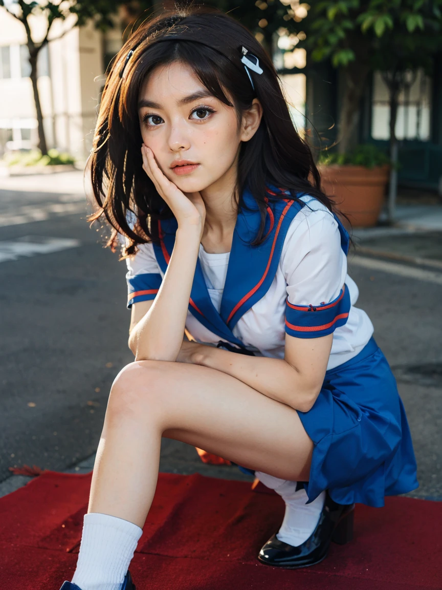 (1 lady), (Best quality at best:1.4), (ultra - detailed), (extremely detailed CG unified 16k), A Beautiful Woman with Perfect Figure: 1.4, Sharp Focus: 1.2, very detailed, High-definition RAW color photo, professional photoshooting, amazing face and eyes, cosmetics, (amazingly beautiful girl), ((suzumiya haruhi)), ((kita high sch0ol uniform, blue sailor collar, blue skirt, armband, hairband, medium hair, ribbon, socks)), standing posture, nature, tree, park, (look from down), realistic cinematic face, head to feet long wide zoomed out view, full body long view, photorealistic, ((realistic natural caramel brown hair style, brown eyes)), gorgeous, extremely beautiful face, perfect model beauty, pout mouth, Highly Detailed Face and Skin Texture, Detailed Eyes, Double Eyelids, Medium Breasts, smiling hard, cleavages, western, (masterpiece), best quality, high resolution, extremely detailed, blurred background, depth of field, cinematic lighting, amazing legs, high heels, clear and well-cared skin, drinking red wine