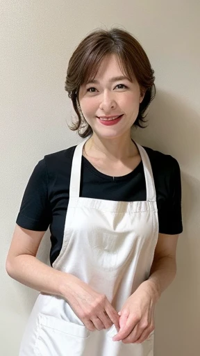 つま先から頭までのwhole bodyを写す While cooking The background is the kitchen 正面を向いて立っている45 years oldのJapan人woman 目線を逸らす Looking at the top right Wearing black bottoms semi-longの茶色い髪の毛 whole body Has a slightly plump figure She is cooking in an apron with the kitchen in the background woman 45 years old semi-long、((brown hair)、semi-long beautiful hair shiny hair Japan( sharpen ), (She is wearing a neat apron over a white T-shirt),(背景は典型的なJapan風のキッチンです) (Purelos Face_v1:0.7), (8K, highest quality), unconscious, Open Eyes,High resolution, original, (Flat Color:0.9),(Colorful:1.1),(masterpiece:1,2), highest quality, masterpiece, High resolution, original, Viewer Perspective, alone, Portrait, Mature Woman Body Set, ,Natural wrinkles, Wrinkles around the eyes, Surreal, Natural Skin, Natural Hair Color, Bright red lips whole body像