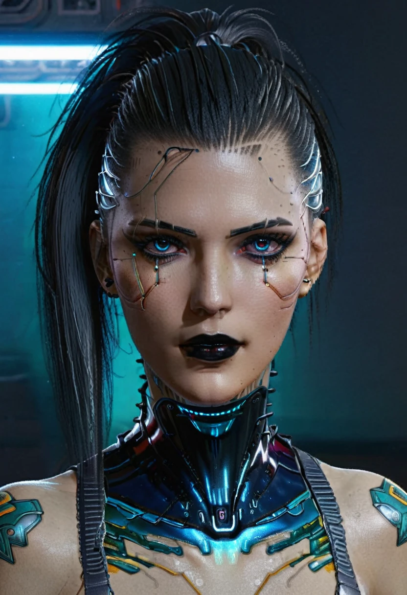 ((extremely delicate and beautiful cybernetic girl)), ((mechanical limblood vessels connected to tubeechanical vertebrae), ((mechanical cervical attaching to neck)), (wires and cables attaching to neck:1.2), ((mass of wires and cables on head)),  (character focus), (((dynamic pose))), ((cowboy shot)), (masterpiece), (((best quality))), ((ultra-detailed)), (highly detailed photorealistic CG illustration), cinematic lighting, science fiction, extremely detailed,colorful,highest detail, (((cyberpunk city background))), tattoos, thin curved eyebrows, long luscious eyelashes,black eyeliner, dark black eye shadow, color perfect makeup, dark lipstick,