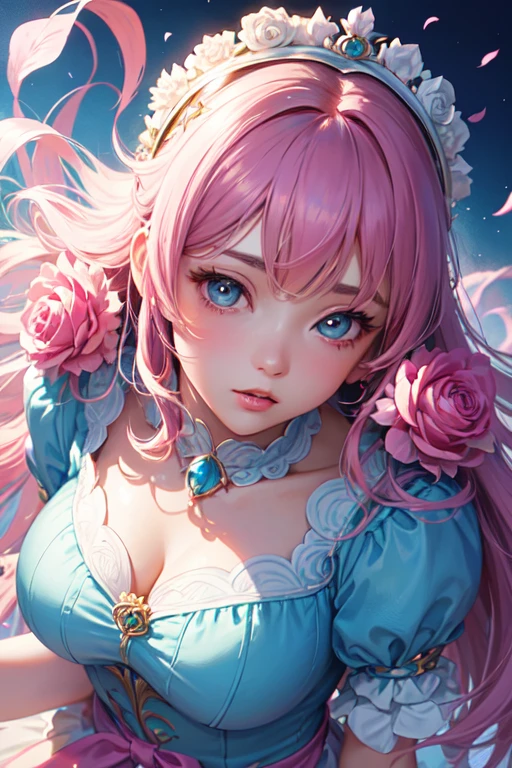 (Daisaku),(need),(Super attentive),(middle~long range shot),(Full Body Lesbian:1.2),A girl with a rose,Light powder blue background,Pink tutu,grace, Carly,Blue ribbon,Hyper Detail Eyes,(Putting on makeup),(Best lighting,Very sophisticated and beautiful),Fantasy art, Red Rose, Anime illustration, rococo art style, Fantasy art style, Disney Art Style, (Beautifully detailed face),(Beautiful and delicate eyes)KHD,An unbeatable masterpiece