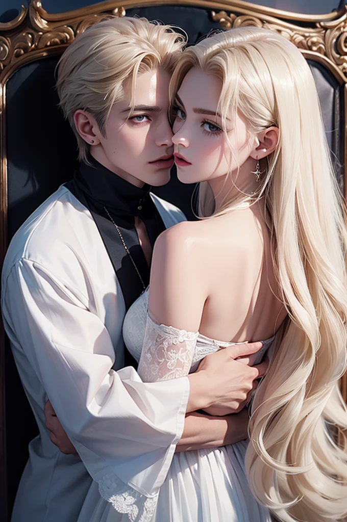 ((Best quality)), ((masterpiece)), (detailed), ((perfect face)), ((half of the body)) perfect proportions, they are a couple of vampires, they are both 18 years old, she loves each other, They kiss, they both wear light clothes, he has long white hair, bedroom background, ((perfect face)) Whole body+ ,