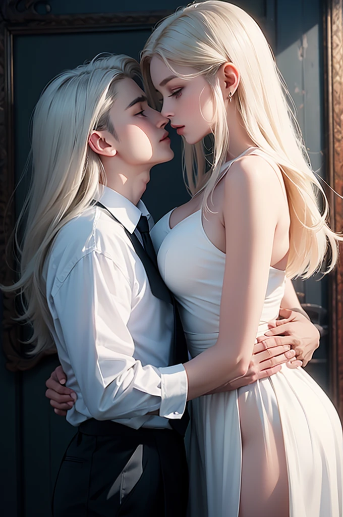 ((Best quality)), ((masterpiece)), (detailed), ((perfect face)), ((half of the body)) perfect proportions, they are a couple of vampires, they are both 18 years old, she loves each other, They kiss, they both wear light clothes, he has long white hair,   bedroom background, ((perfect face)) Whole body+ , 