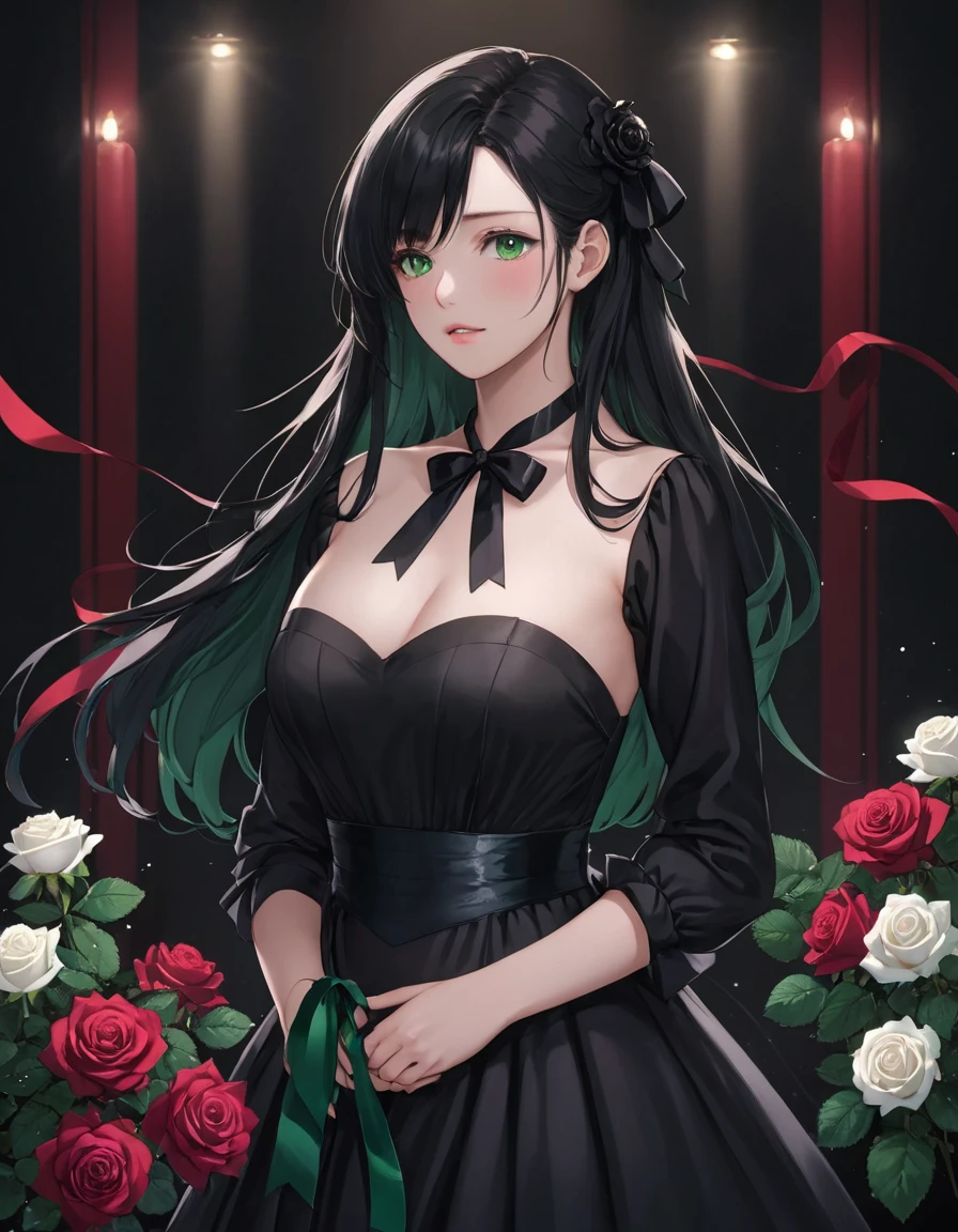 ((masterpiece, highest quality)),Best aesthetics,One girl, alone, Long Hair, Black Dress, flower, ribbon, Black background, Black Hair, Rose, hair ribbon, Green Eyes, Long sleeve, white Rose, Mouth closed, black ribbon, Upper Body, Cinema Lighting