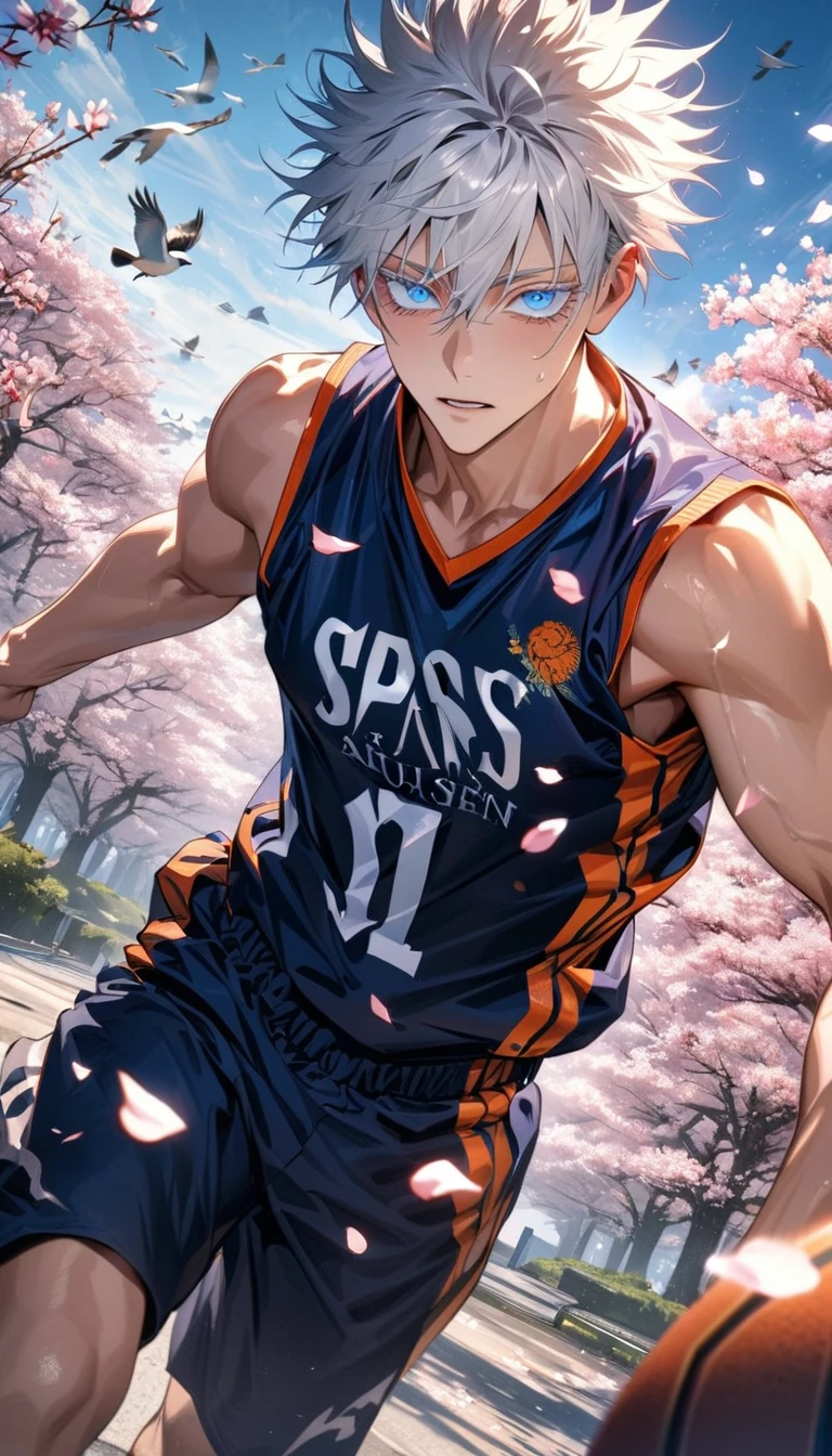 absurdres, highres, ultra detailed, HDR, masterpiece, extremely detailed face and eyes, Gojo Satoru, white hair with bangs, hair between the eyes, expressive blue eyes, white eyelashes, Jujutsu Kaisen, solo, sexy man, handsome, basketball uniform, spring, blossoms, petals, birds