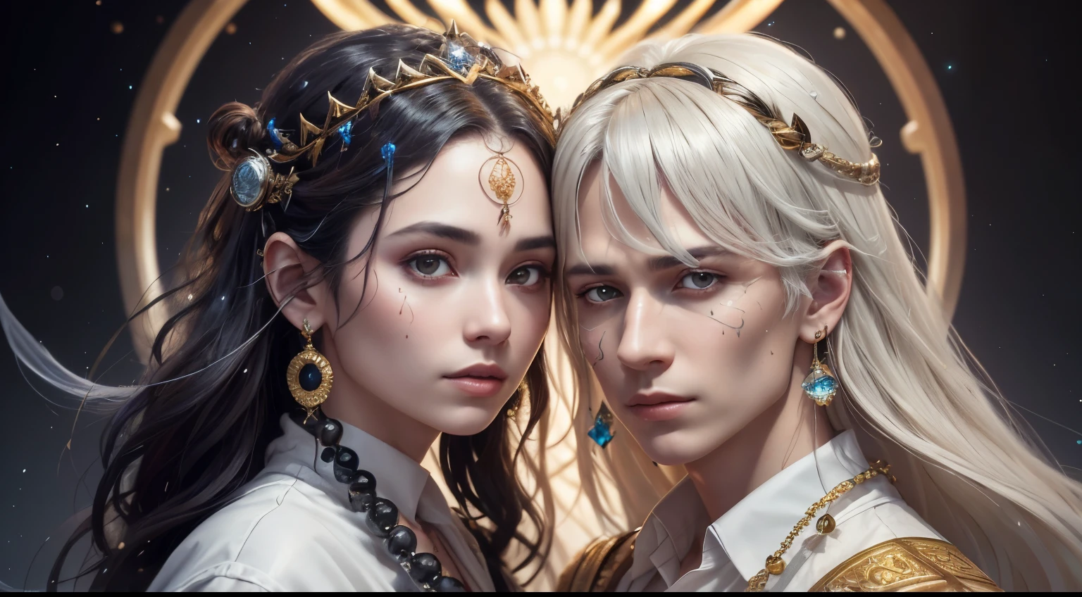 couple(((Male and female))),fashion shot,(Full portrait), (Half-width), solo, detailedbackground, Detailed face, (stonepunkAI, stone theme:1.1), wise, (beautiful hair, pigtails:0.2), shaman, Septum is harsh,mistic,(Gorgeous face),Amazing,head tilted up,(calm expression),chill out,Intimate interaction,White silk clothes,prayer beads,Fine hair,head gear:0.33,hisui,obsidian,Detailed clothes,realistic skin textures,(Floating particles,Water Swirls,ember,rituals,whirly,ventania:1.2),Clear focus,Volumetriclighting,Good highlights,Good shadows,sub surface scattering,complex,highly detailed,((cinematic ligh)), dramatic, (HighestQuali, Award-Awarded, tmasterpiece:1.5), (Reality:1.5),