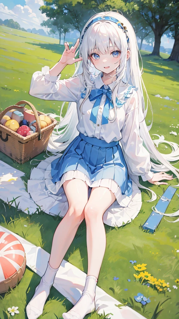 White hair,Long hair,Bangs,Bangs整齐,Hairband,Gray eyes,girl,cute,laughing expression,Happy and happy expression,White shirt,skirt,White socks on feet,Sit on the ground and have a picnic,whole body,Don't show your arms,The background is a lawn,Blue sky and white clouds