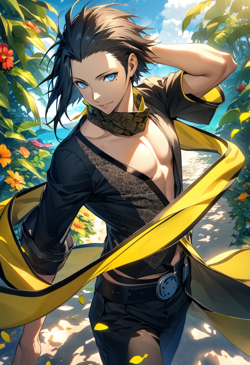 Ultra detailed, Highres, absurdres, HDR, Mochizuki Ryouji, black swept back hair, blue eyes, mole under his eye, Persona 3, yellow scarf with black patterns, green leaves, summer, flowers and petals, handsome, sexy man, black pants, solo