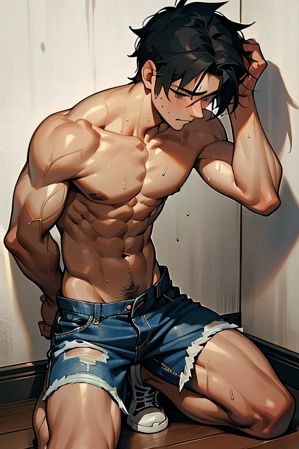 shirtless handsome manly short black hair caucasian male in tattered short jeans and sneakers, shirtless, sweating profusely, drenched with sweat, exhausted, panting, kneeling at the wall, hands above the head, at home