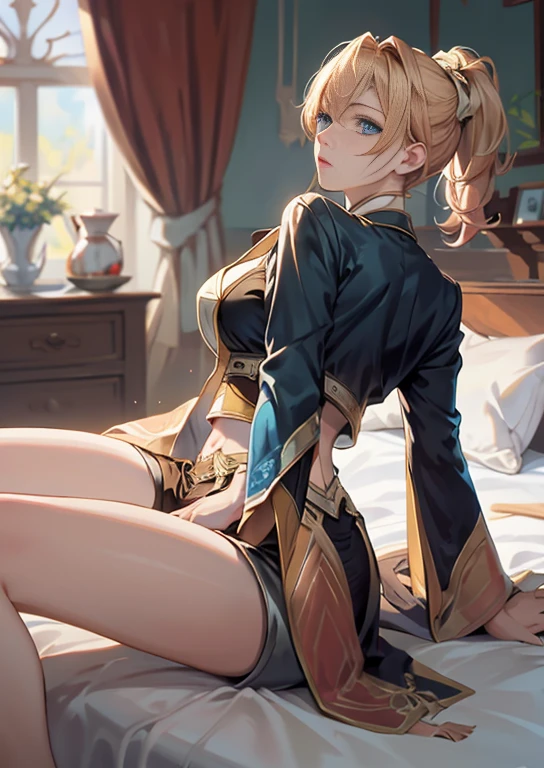(Original Character、Unity 16K Wallpaper, Masterpiece, Best Quality, Ultra-Detailed, Extremely Detailed CG, Caustics, Cinematic Lighting, Detailed, Beautiful Detailed Eyes, solo), Ultra High Resolution, fine skin, (underwear), (strong light)、((brighten the subject)),blush,oily skin,spread legs,cowgirl position,on bed,gold hair