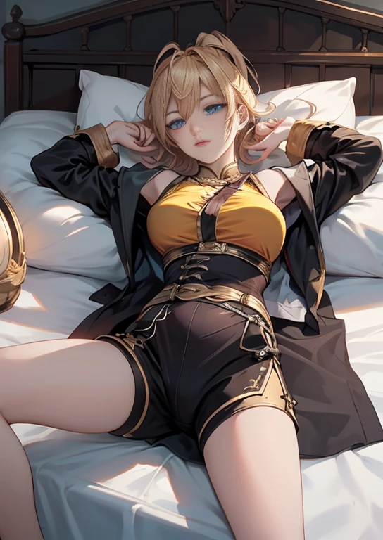 best quality, realism, real, photo: 1.4), Ji Xiaoman, Blond, blue eyes, big breasts, thick legs, laying on bed, showing her back, turning back, real, photo"