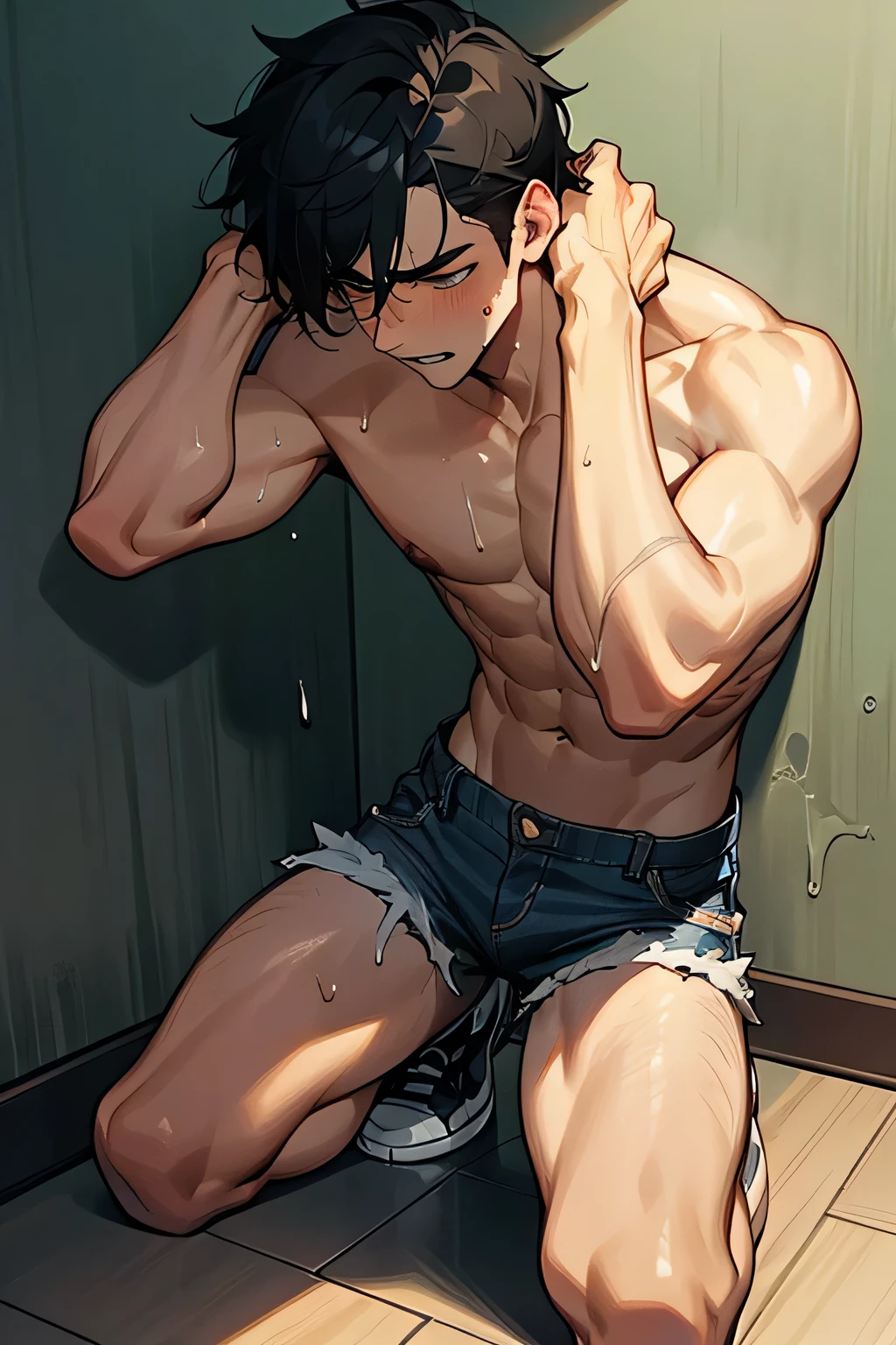 shirtless handsome manly short black hair caucasian male in tattered short jeans and sneakers, shirtless, sweating profusely, drenched with sweat, exhausted, panting, kneeling at the wall, hands above the head, at home