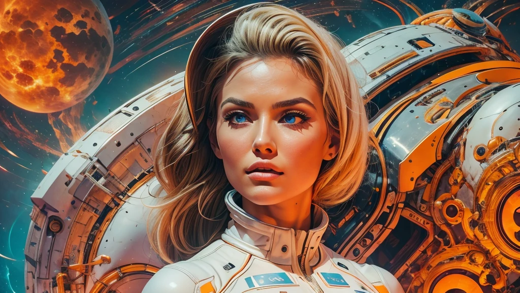arafed image of a white woman in a futuristic suit with a spaceship in the background, movie art, in front of an orange background, inspired by Robert McGinnis, female protagonist, megastructure in the background, portrait of an ai astronaut, astronauts, an astronaut, portrait of a astronaut skeletor, perfect android girl, detailed eyes, perfectly detailed teeth, frank franzzeta and sakimichan  