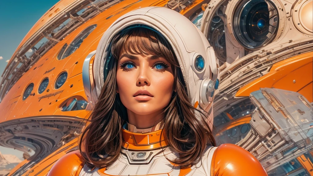 arafed image of a white woman in a futuristic suit with a spaceship in the background, movie art, in front of an orange background, inspired by Robert McGinnis, female protagonist, megastructure in the background, portrait of an ai astronaut, astronauts, an astronaut, portrait of a astronaut skeletor, perfect android girl, detailed eyes, perfectly detailed teeth, frank franzzeta and sakimichan  