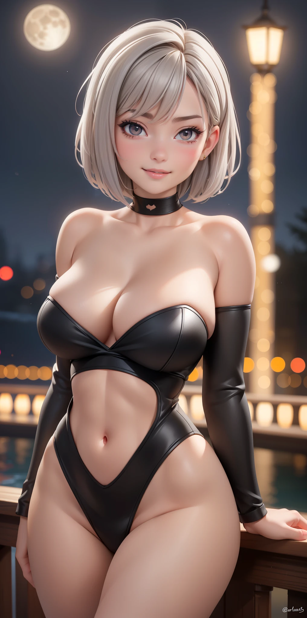 Medium round breasts, (1 mature woman, 19 years old), ((light grayish hair: 5.1, short messy bob style, hair shaved on the side)), brown eyes, double eyelids, light effect on eyes, wide hips, A girl wears a tight black dress that reveals her bare chest, showing off her snow-white skin, black dress covers her beautiful lines, accentuating her, cute smile, pink lips, ((her skin is soft)), solo, best quality , masterpiece, portrait, flirting with viewer, sensual pose, detailed, perfect anatomy, detailed art, high definition, 4k, high resolution, on wooden bridge, leaning, cute sensual pose, lamps on wooden bridge, moon full, it's night