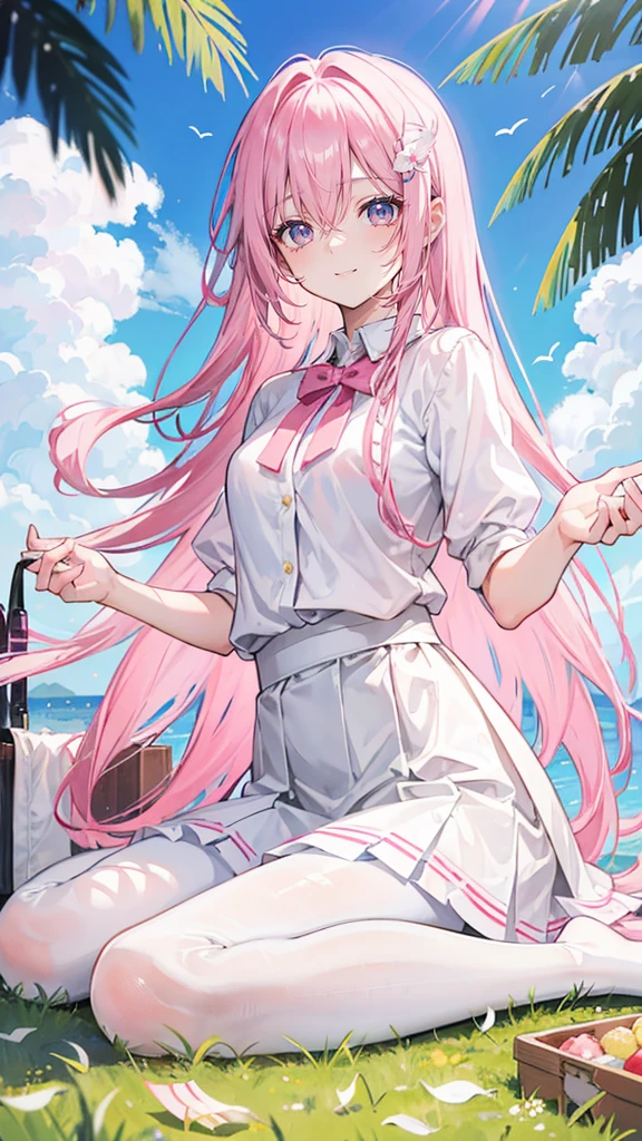 pink hair,Long hair,hair over one eye,Gray eyes,feather hair ornament,cute,Girl,laughing expression,,Happy and happy expression,White shirt,skirt,White silk pantyhose,White silk pantyhose,Sit on the ground and have a picnic,whole body,Don't show your arms,The background is a lawn,Blue sky and white clouds
