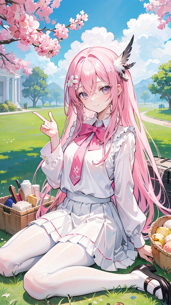 pink hair，Long hair，hair over one eye，Gray eyes，feather hair ornament，cute，Girl，laughing expression，，Happy and happy expression，White shirt，skirt，White silk pantyhose，White silk pantyhose，Sit on the ground and have a picnic，whole body，Don't show your arms，The background is a lawn，Blue sky and white clouds