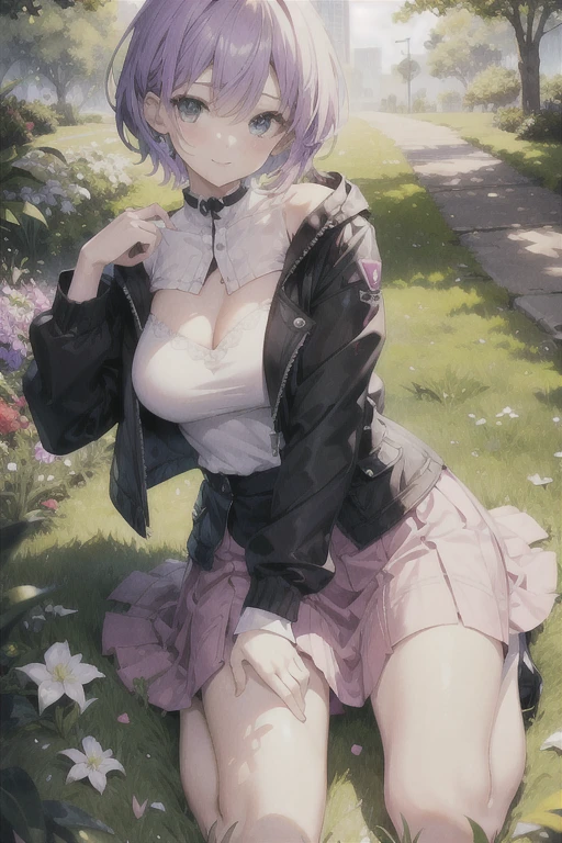 (masterpiece, highest quality,perfect anatomy,textile shading),BREAK
(One Woman,gleaming skin,detailed skin、Purple Hair、Short Pixie Haircut、Green Eyes、Slender body、big and soft breasts、Embarrassed look、A shy smile)BREAK
(Black open jacket、White camisole、Light pink low rise frill mini skirt)BREAK
(kneeling、skirt lift,Observe the viewer)BREAK
(from above, full body、sunlight filtering through the foliage、On the grass in the park)BREAK