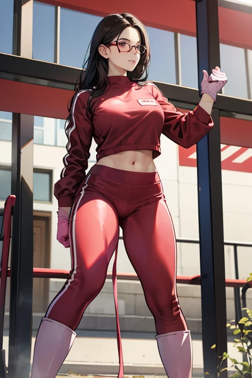 A dark-haired, glasses-wearing mature woman wearing a red long-sleeved gym uniform and red gym pants with pink rubber gloves and white rubber boots in a schoolyard