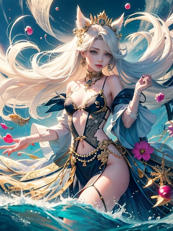 Fang Art, Unity 8k wallpaper, Very detailedな, beautifully、Aesthetically beautiful, masterpiece, highest quality, (Tangled, Datura stramonium, indices, mesh), (Fractal Art: 1.3), 1 person,Adventurer,, (Hairstyle: Long white hair) Ocean, Very detailed, Dynamic Angle, Cowboy Shot, The most beautiful form of chaos, elegant, Fauvist design, Bright colors, Romanticism, OceanのBubble, Bubble, shell, fish, pearl,Holding a cute tool,jungle,Vintage Style