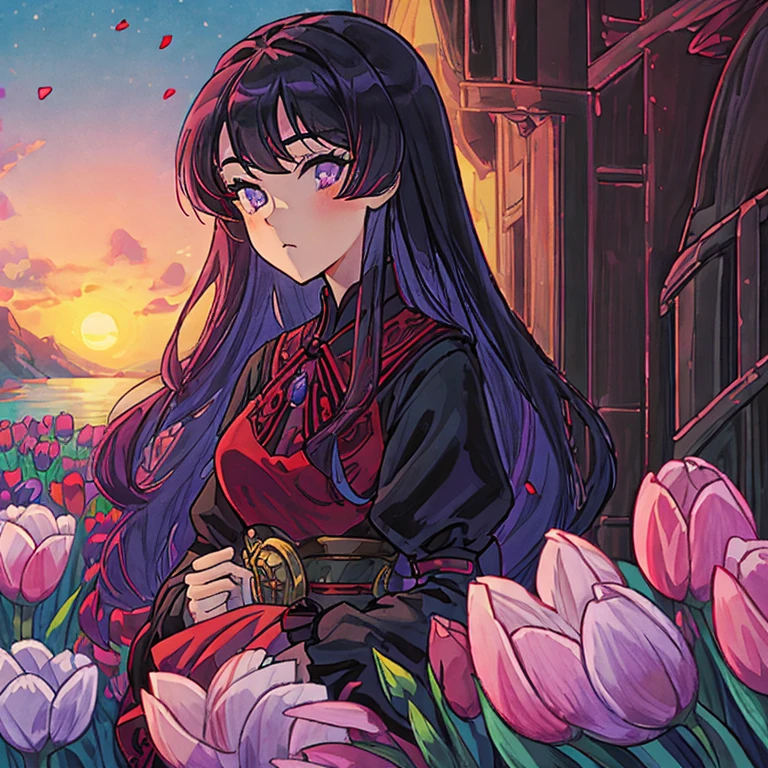 Masterpieces, high quality, anime, 2D, female, dark blue hair , purple eyes, red dress, black lace, sweet face, the most pretty girl, princess, sunrise background, field of tulips