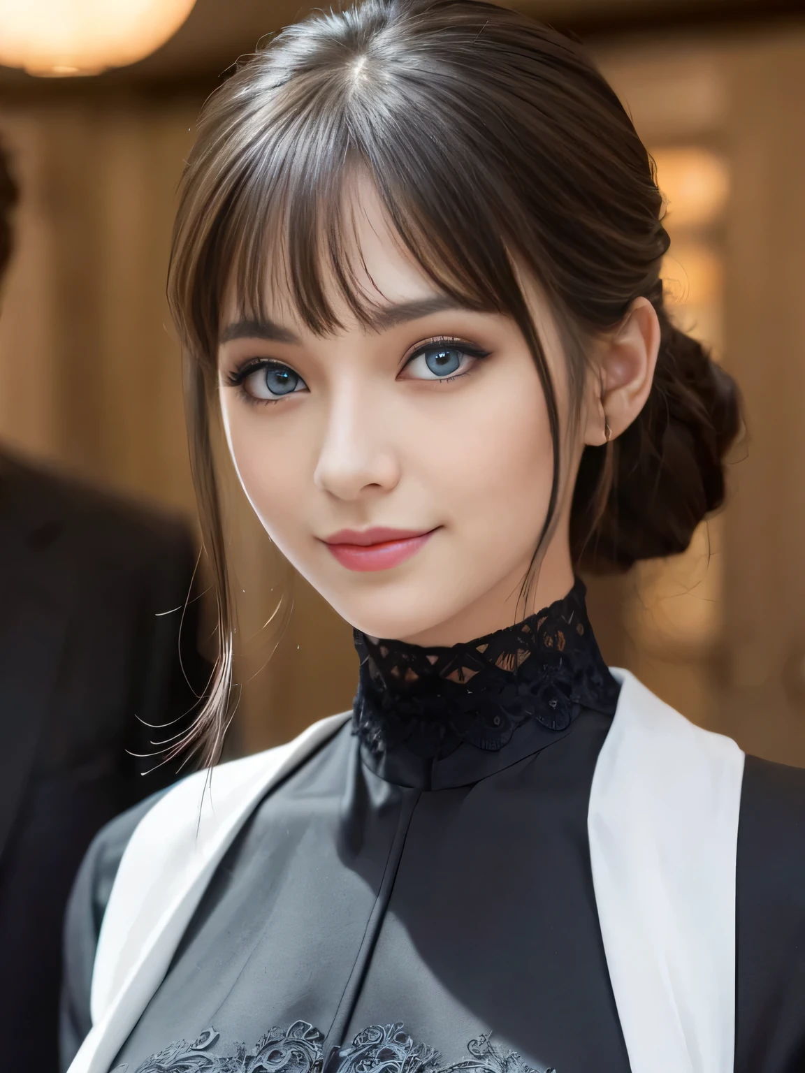 Group photo, Group photo, Some very beautiful women, Highly detailed eyes, Highly detailed face, Sexy and highly detailed lips, Super detailed everything, Attractive woman, Black choker, Blue Eyes, very long eyelashes, bangs, big breasts, smile, highest quality, masterpiece, ((Slim face)), Japanese actress, Body Conscious, business suit, Office Look, Servant, servant, Dependents